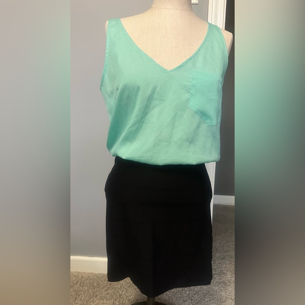 Aqua silky top with black pencil type skirt small, sexy, business dress